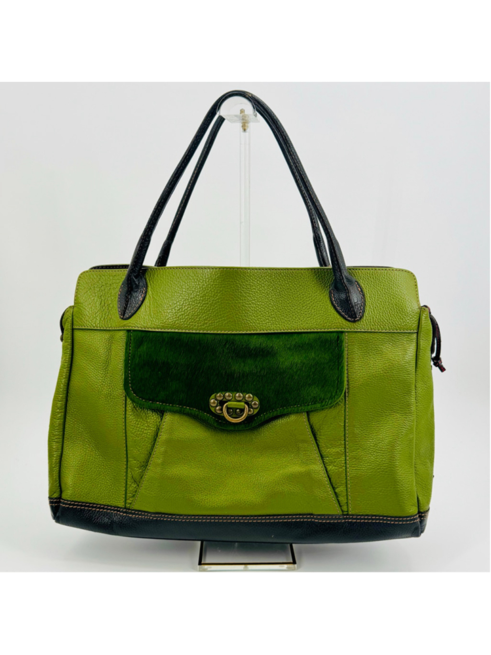 Sofia C Italian Leather & Pony Hair Large Tote Bag Green Brown Vintage